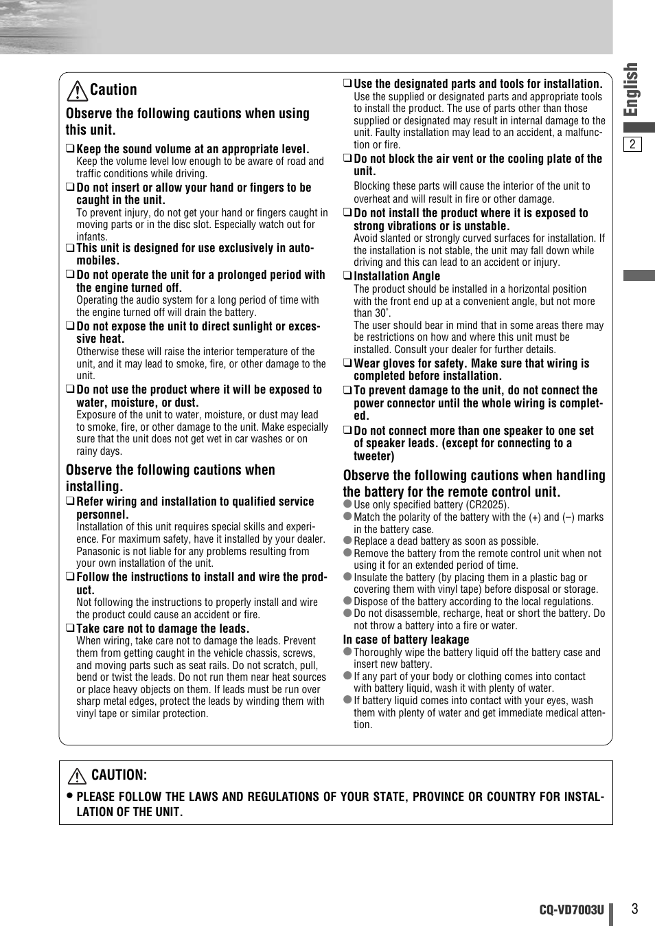 English, Caution | Panasonic CQ-VD7003U User Manual | Page 3 / 150