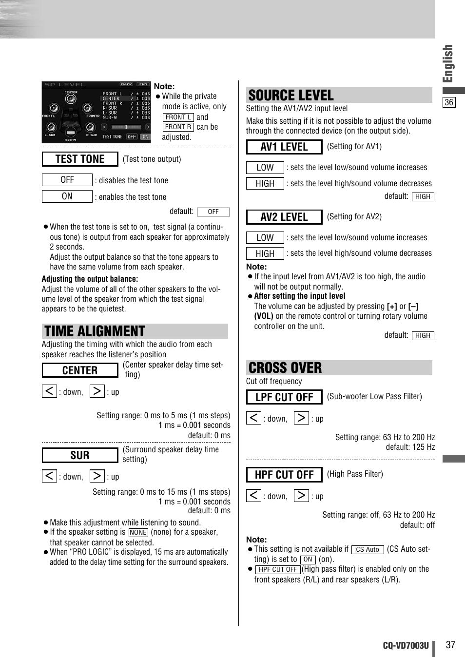 Cross over, Time alignment, Source level | English, Test tone, Hpf cut off, Lpf cut off, Center, Av2 level, Av1 level | Panasonic CQ-VD7003U User Manual | Page 37 / 150