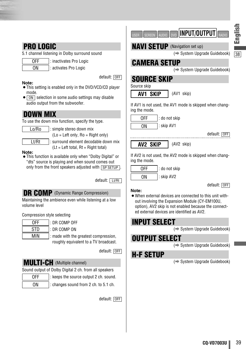 Pro logic, Down mix, Multi-ch | Dr comp, Navi setup, Camera setup, Source skip, Input select, Output select, H-f setup | Panasonic CQ-VD7003U User Manual | Page 39 / 150
