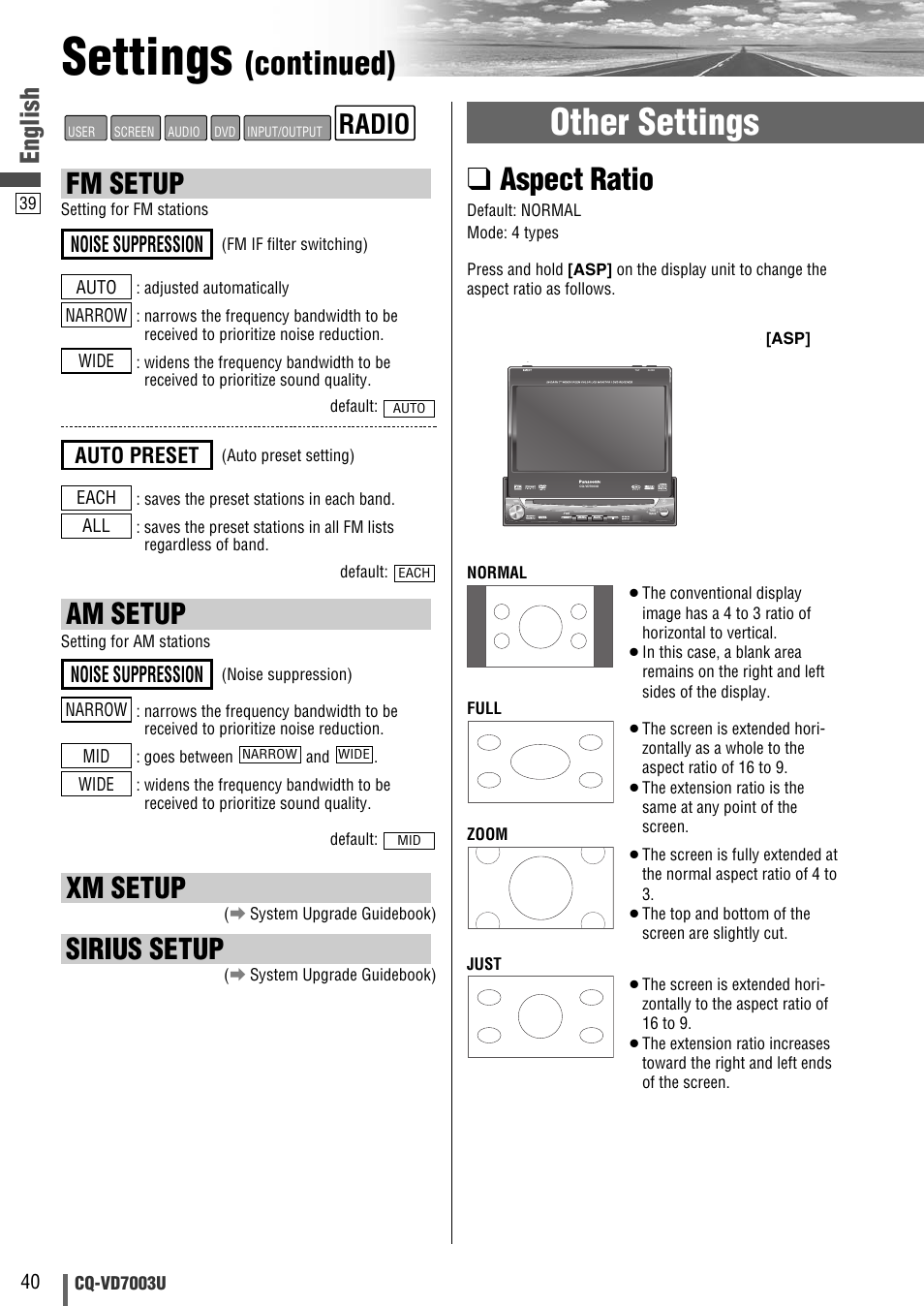 Settings, Other settings, Continued) | Aspect ratio, Fm setup, Am setup, Xm setup, Sirius setup, Radio, English | Panasonic CQ-VD7003U User Manual | Page 40 / 150