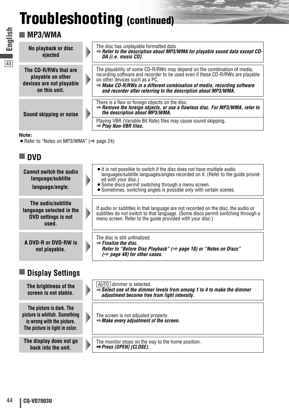 Troubleshooting, Continued), English | Mp3/wma, Display settings | Panasonic CQ-VD7003U User Manual | Page 44 / 150