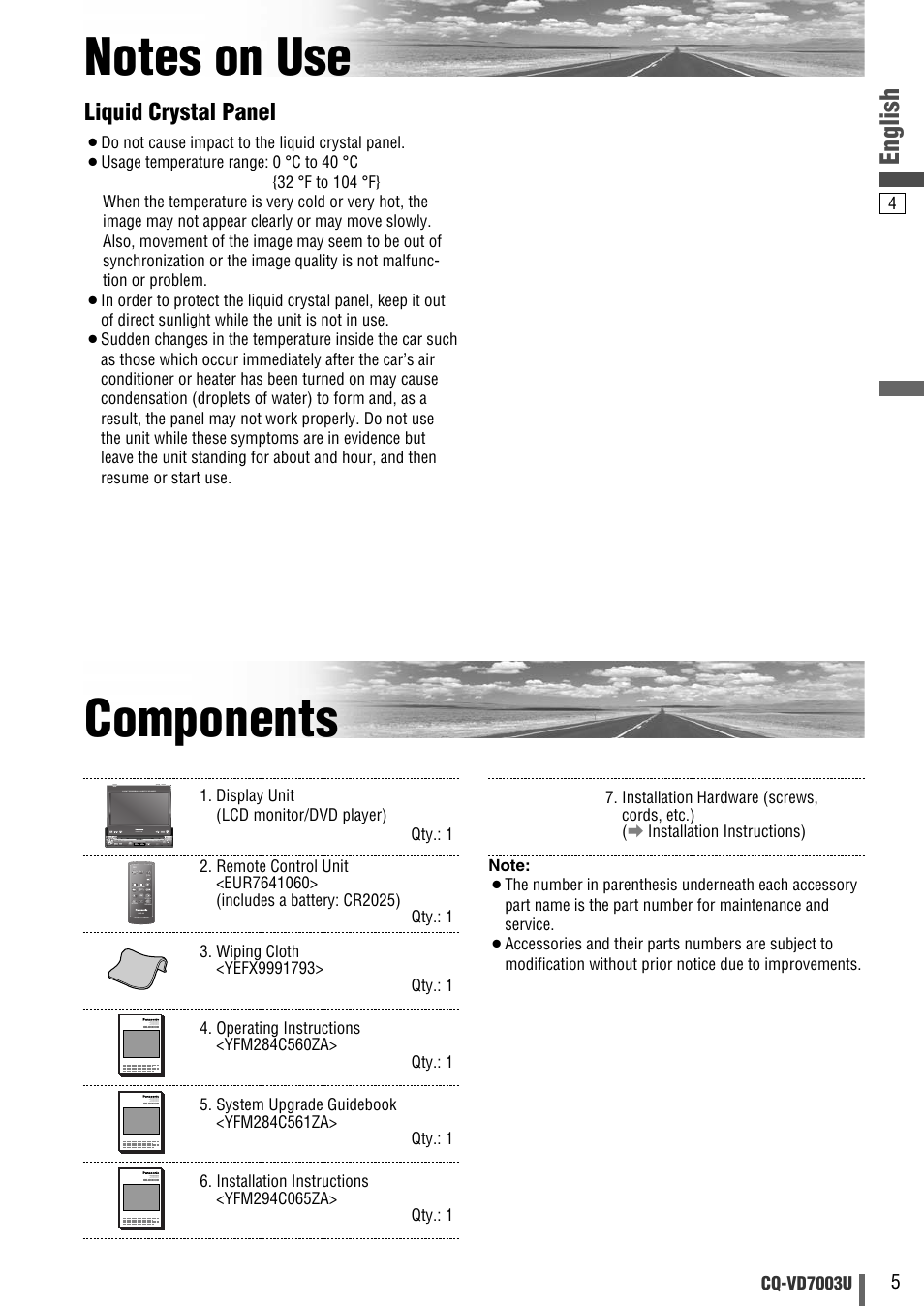 Notes on use, Components, English | Liquid crystal panel | Panasonic CQ-VD7003U User Manual | Page 5 / 150