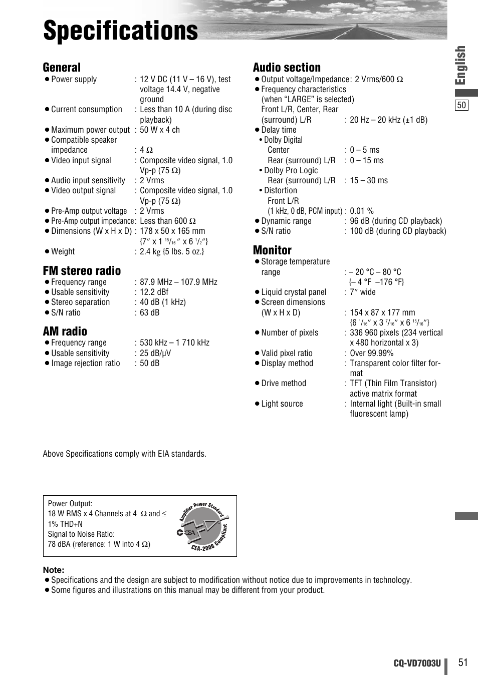 Specifications, English, General | Fm stereo radio, Am radio, Monitor | Panasonic CQ-VD7003U User Manual | Page 51 / 150