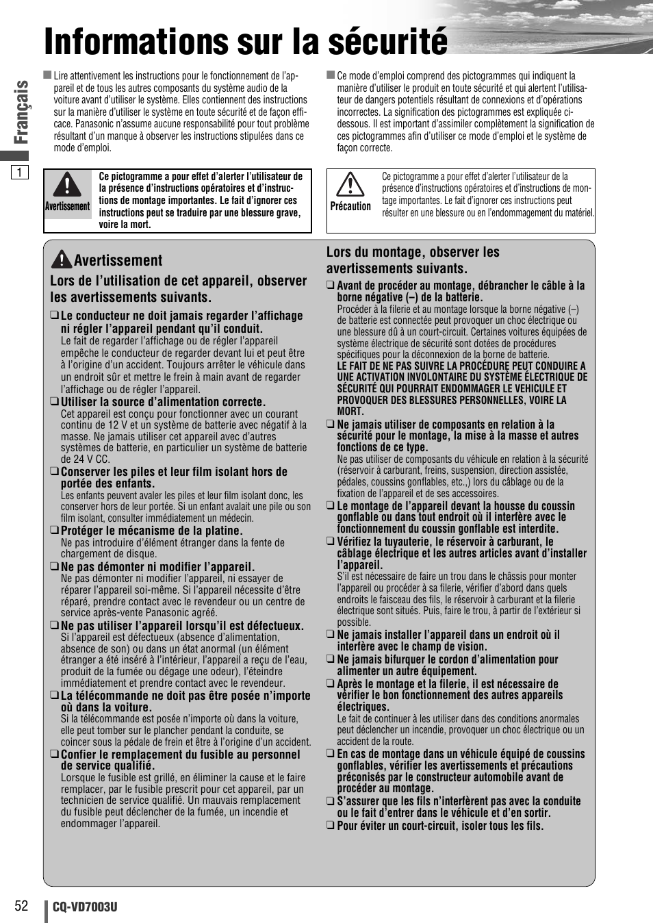 Informations sur la securite, Informations sur la sécurité, Français | Avertissement | Panasonic CQ-VD7003U User Manual | Page 52 / 150