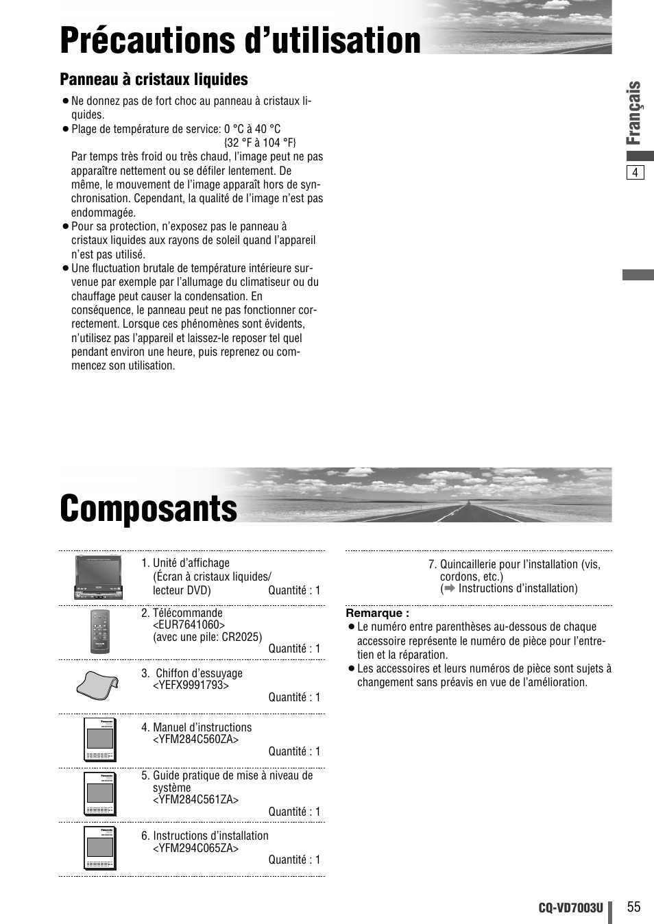 Precautions d'utilisation, Composants, Précautions d’utilisation composants | Français, Panneau à cristaux liquides | Panasonic CQ-VD7003U User Manual | Page 55 / 150