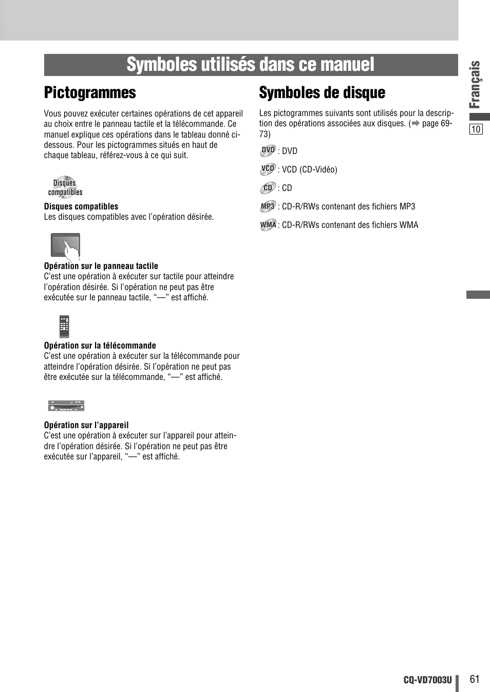 Symboles utilisés dans ce manuel, Pictogrammes, Symboles de disque | Français | Panasonic CQ-VD7003U User Manual | Page 61 / 150