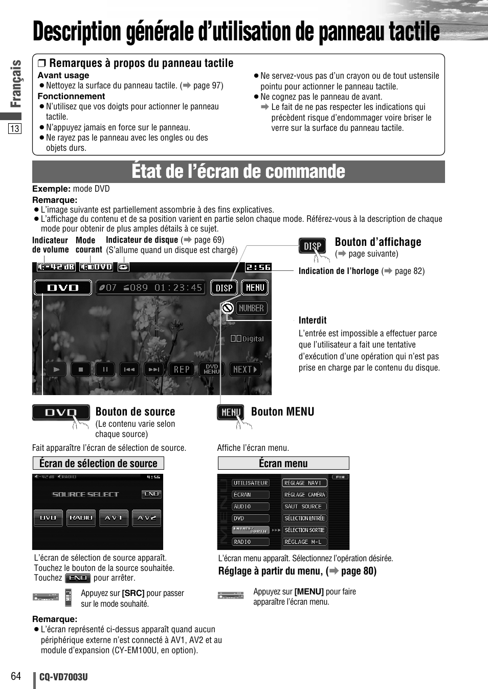 État de l’écran de commande, Français | Panasonic CQ-VD7003U User Manual | Page 64 / 150