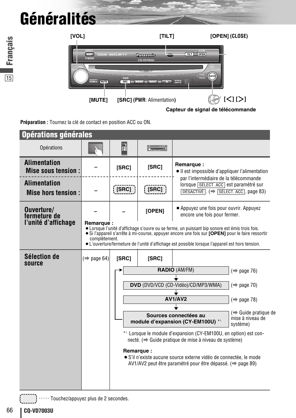 Generalites, Généralités, Français | Opérations générales, Ouverture/ fermeture de l’unité d’affichage, Alimentation mise hors tension | Panasonic CQ-VD7003U User Manual | Page 66 / 150
