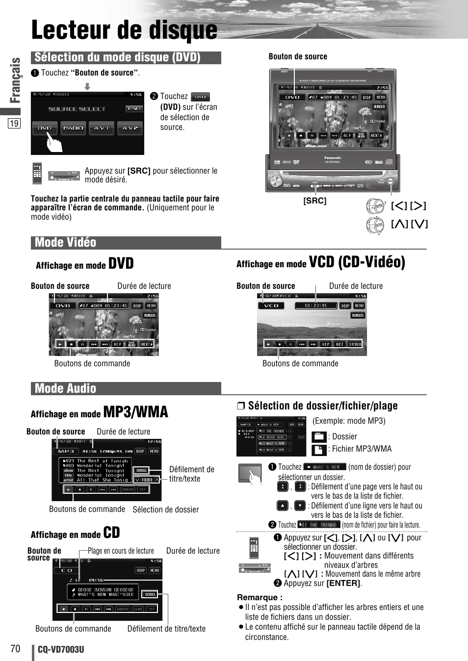 Lecteur de disque, Mp3/wma, Vcd (cd-vidéo) | Français, Mode vidéo, Mode audio, Sélection du mode disque (dvd), Sélection de dossier/fichier/plage | Panasonic CQ-VD7003U User Manual | Page 70 / 150