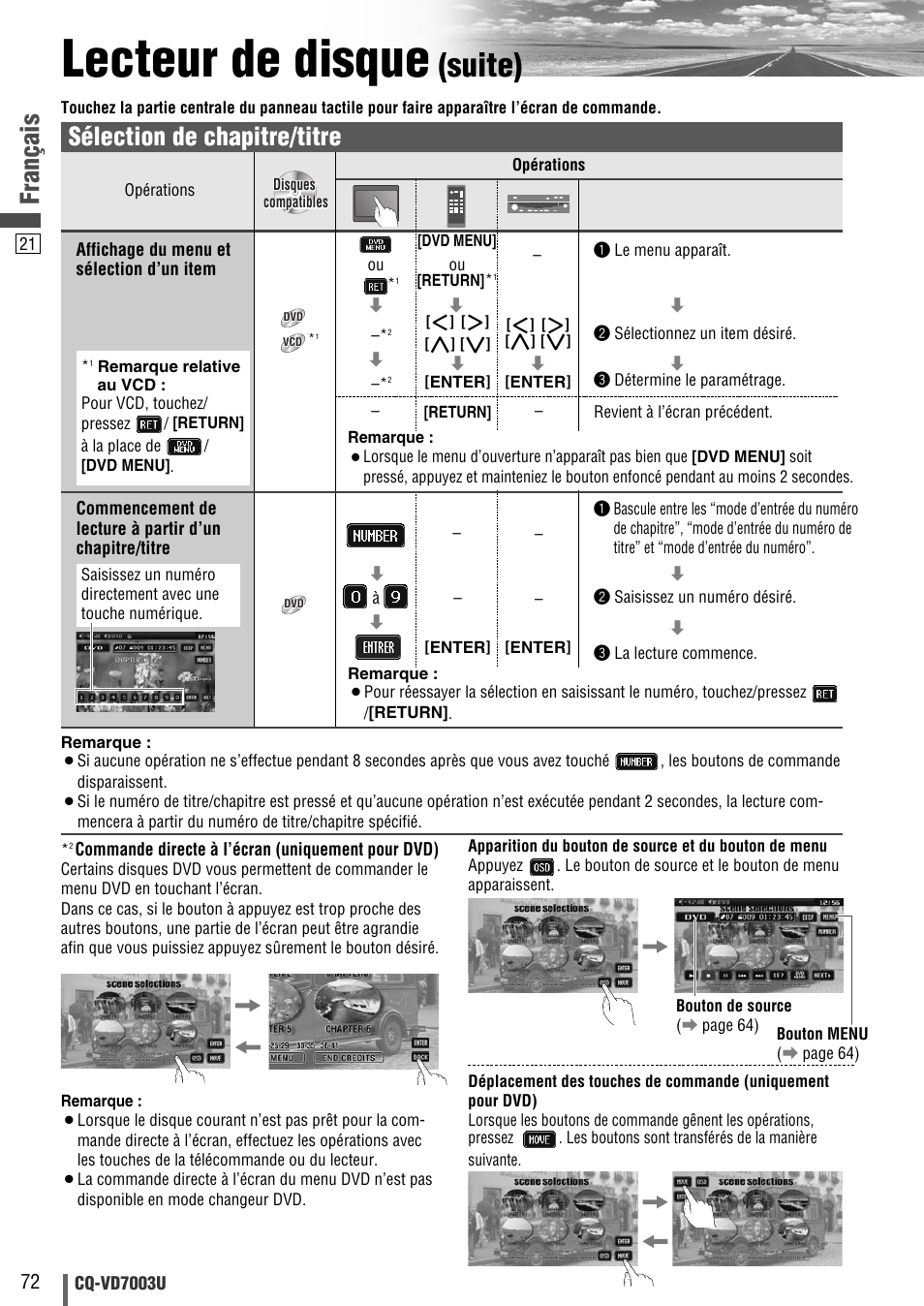 Lecteur de disque, Suite), Français | Sélection de chapitre/titre | Panasonic CQ-VD7003U User Manual | Page 72 / 150