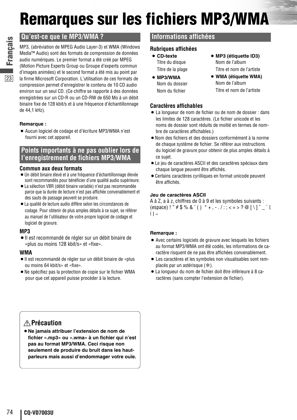 Remarques sur les fichiers mp3/wma, Français, Qu’est-ce que le mp3/wma | Informations affichées, Précaution | Panasonic CQ-VD7003U User Manual | Page 74 / 150