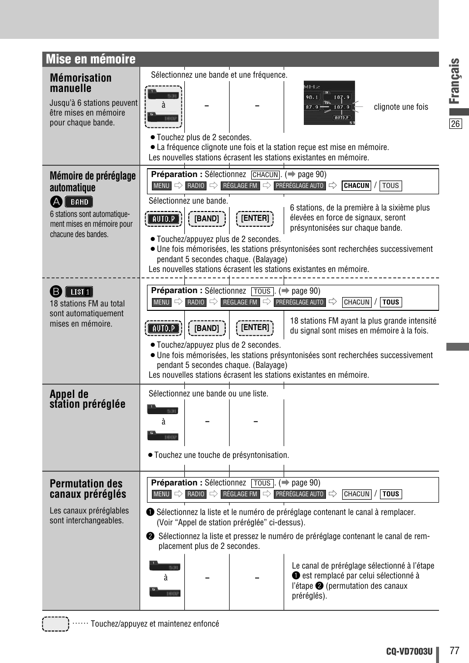 Français, Mise en mémoire, Mémorisation manuelle | Appel de station préréglée, Mémoire de préréglage automatique, Permutation des canaux préréglés | Panasonic CQ-VD7003U User Manual | Page 77 / 150