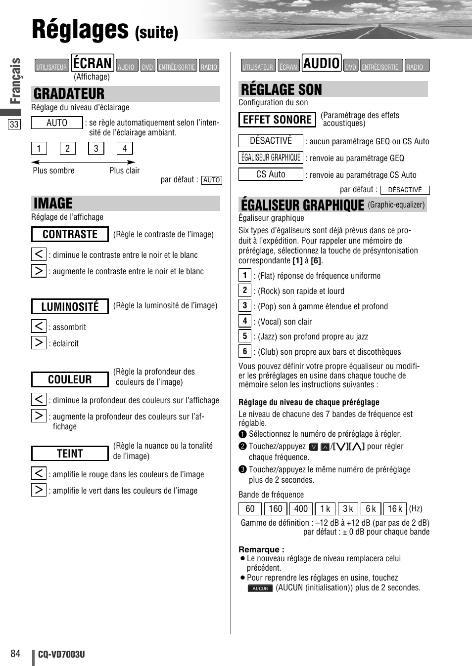 Réglages, Suite), Gradateur | Image, Égaliseur graphique, Réglage son, Audio, Écran, Français, Contraste | Panasonic CQ-VD7003U User Manual | Page 84 / 150