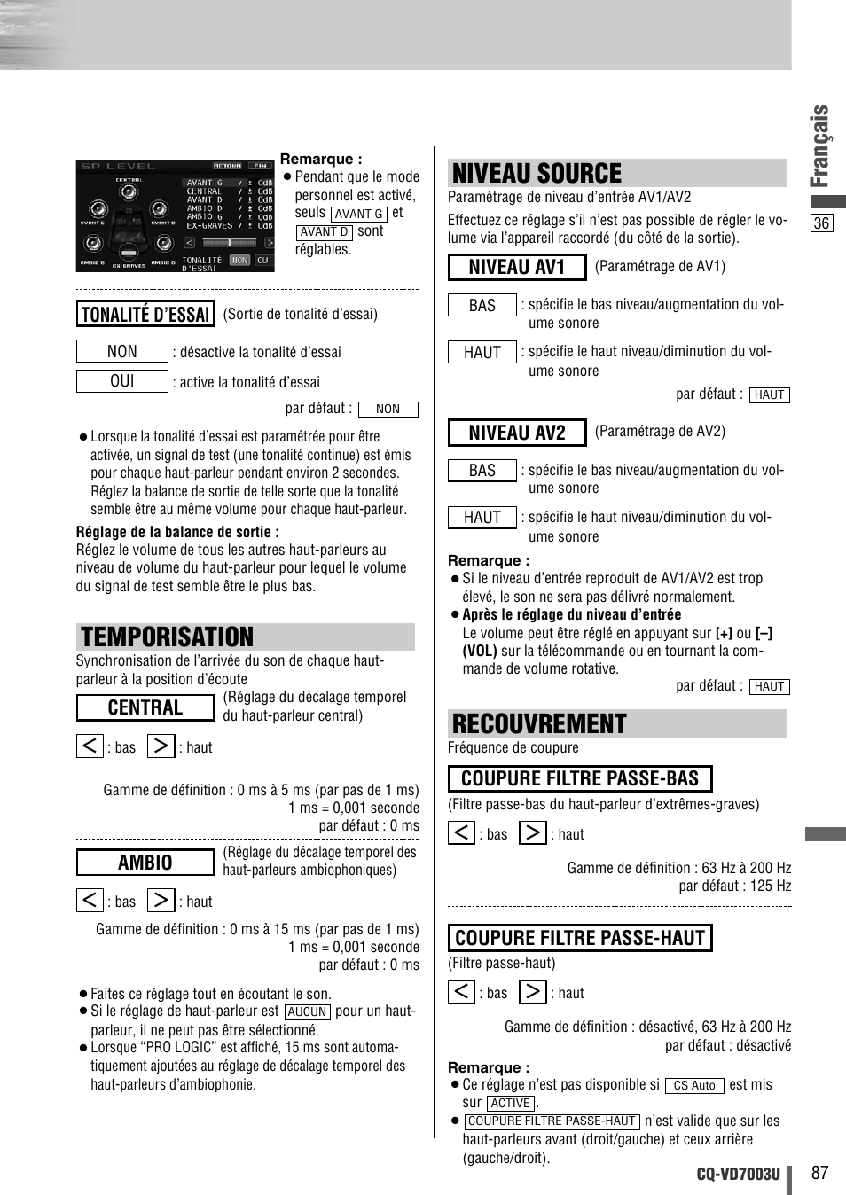 Recouvrement, Temporisation, Niveau source | Français, Tonalité d’essai, Coupure filtre passe-haut, Coupure filtre passe-bas, Ambio, Central, Niveau av2 | Panasonic CQ-VD7003U User Manual | Page 87 / 150