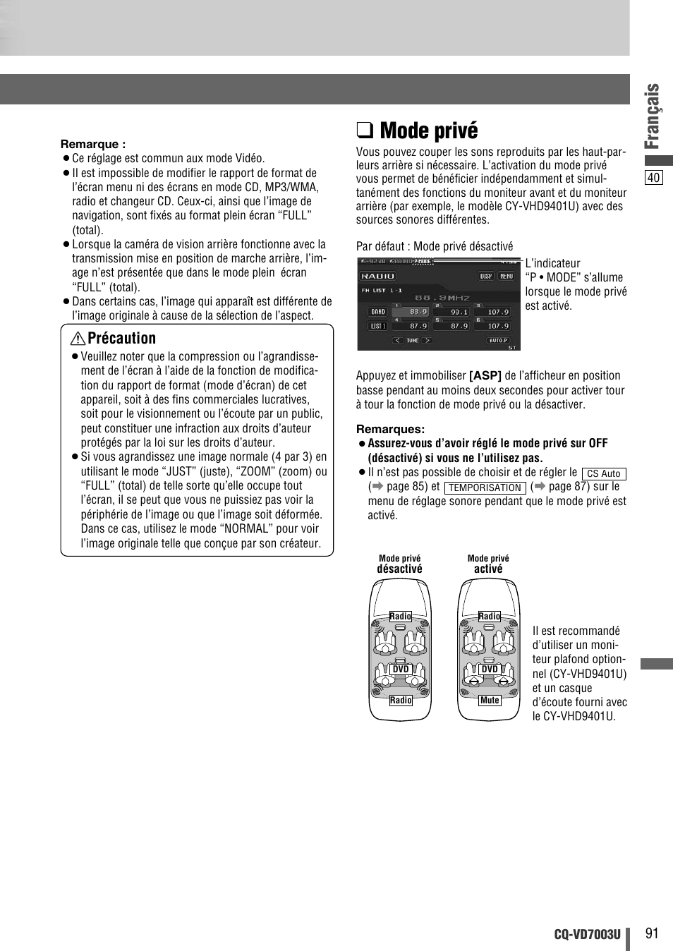 Mode privé, Français, Précaution | Panasonic CQ-VD7003U User Manual | Page 91 / 150