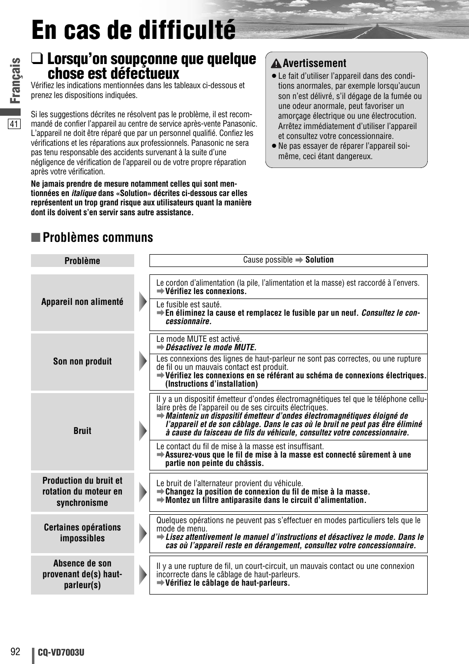 En cas de difficulte, En cas de difficulté, Français | Problèmes communs | Panasonic CQ-VD7003U User Manual | Page 92 / 150