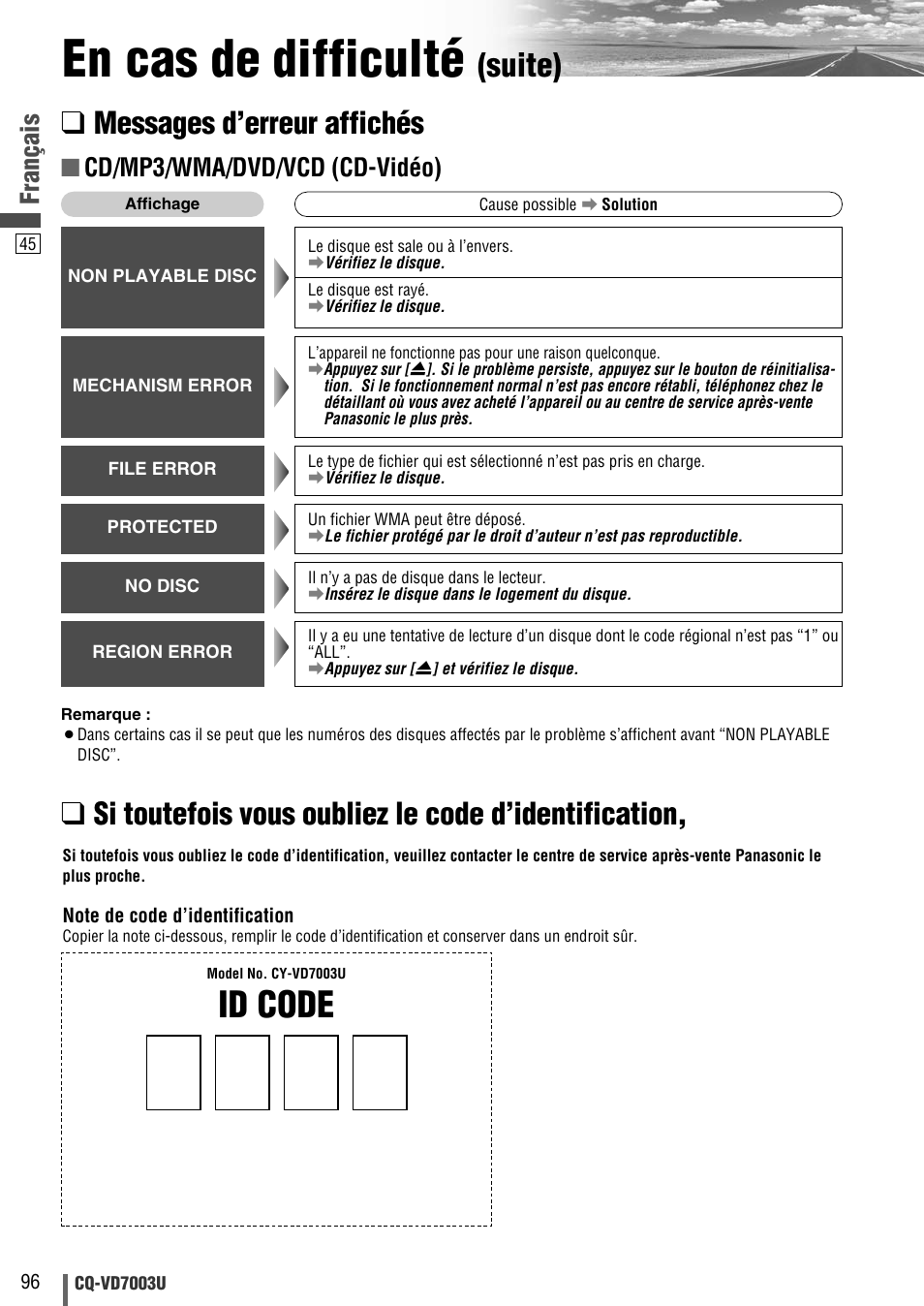En cas de difficulté, Id code, Suite) | Messages d’erreur affichés, Si toutefois vous oubliez le code d’identification, Français, Cd/mp3/wma/dvd/vcd (cd-vidéo) | Panasonic CQ-VD7003U User Manual | Page 96 / 150
