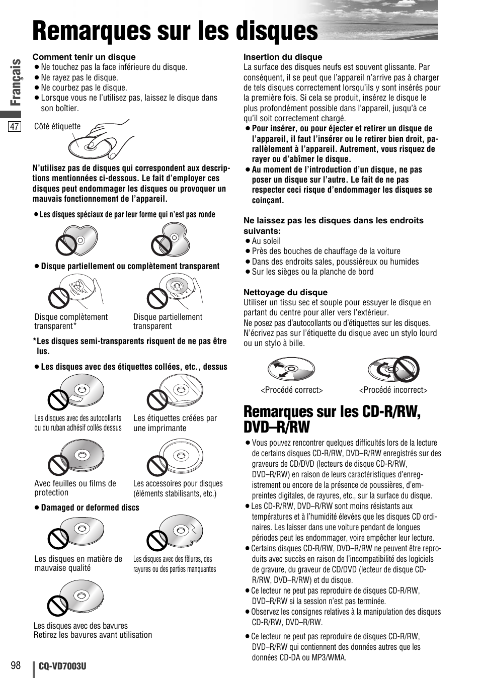 Remarques sur les disques, Remarques sur les cd-r/rw, dvd–r/rw, Français | Panasonic CQ-VD7003U User Manual | Page 98 / 150