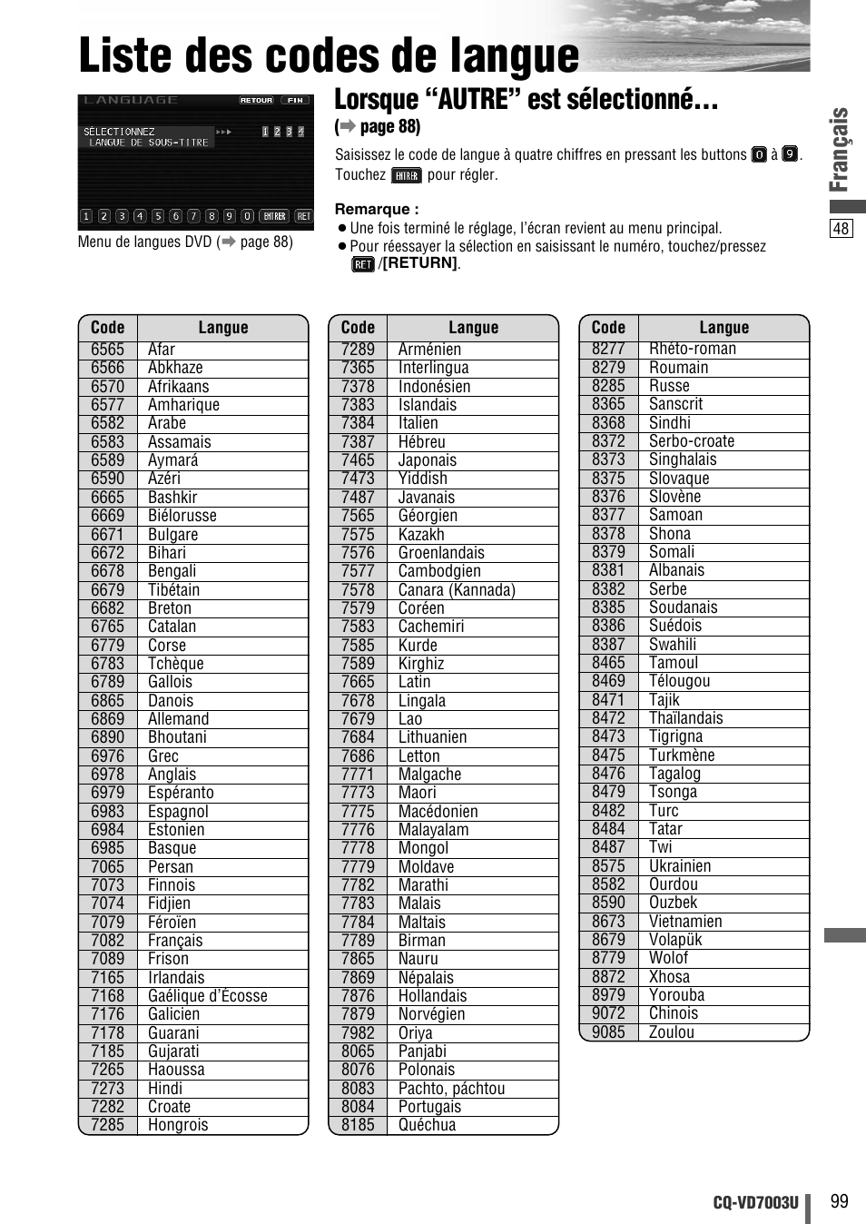 Liste des codes de langue, Lorsque “autre” est sélectionné, Français | Panasonic CQ-VD7003U User Manual | Page 99 / 150
