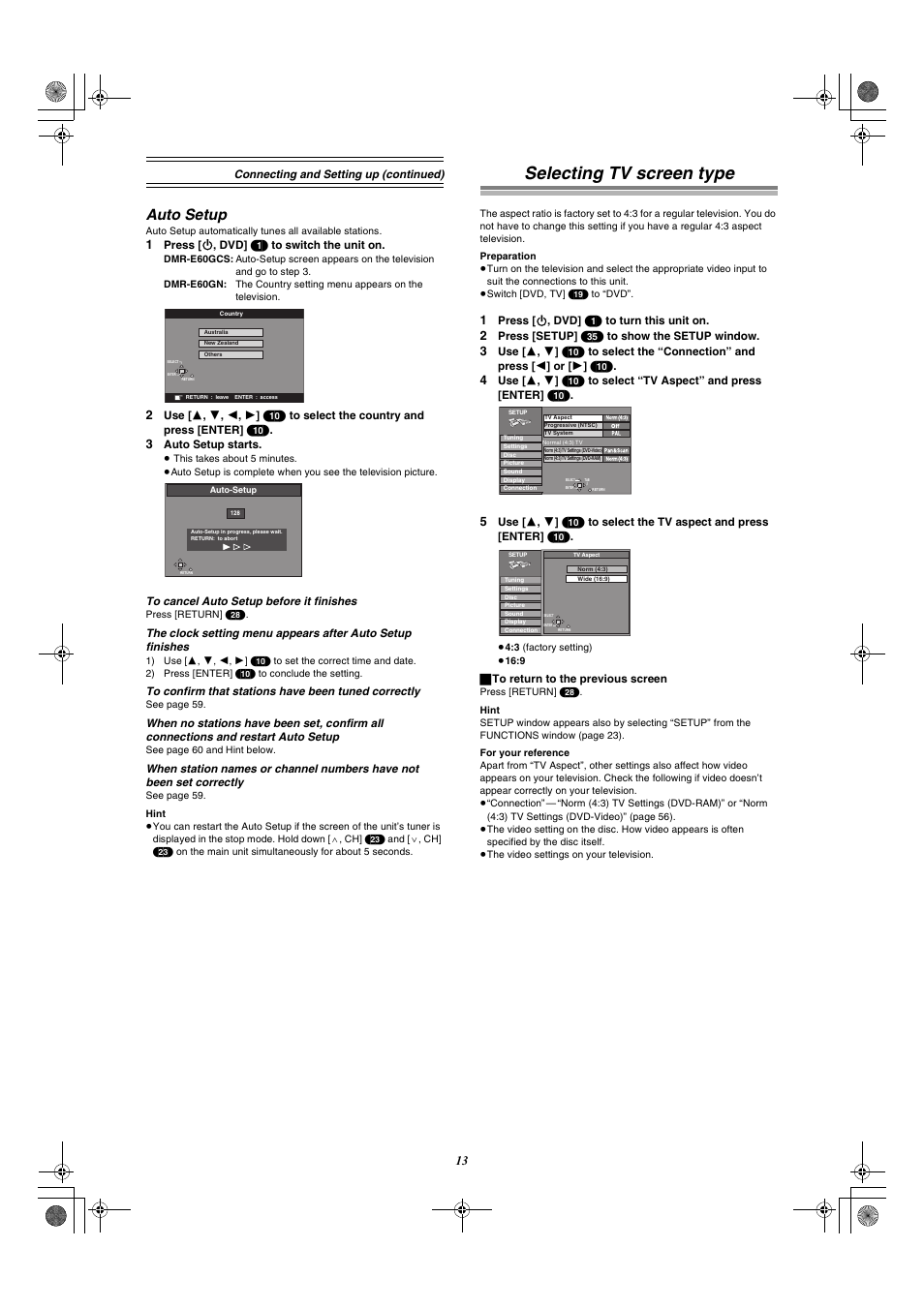 Selecting tv screen type, Auto setup | Panasonic DMR-E60 User Manual | Page 13 / 74