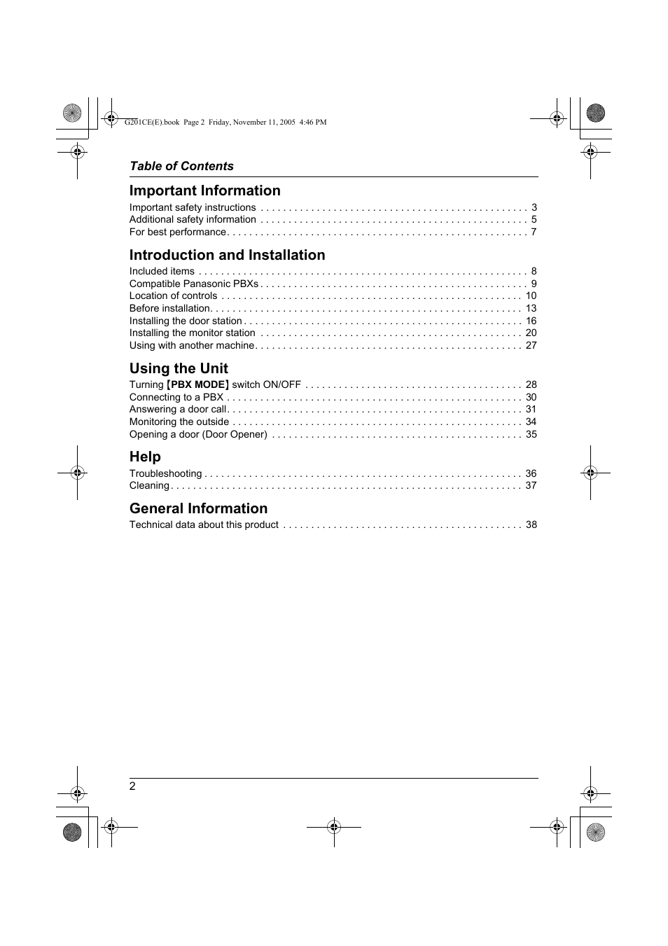 Important information, Introduction and installation, Using the unit | Help, General information | Panasonic VL-G201 User Manual | Page 2 / 40