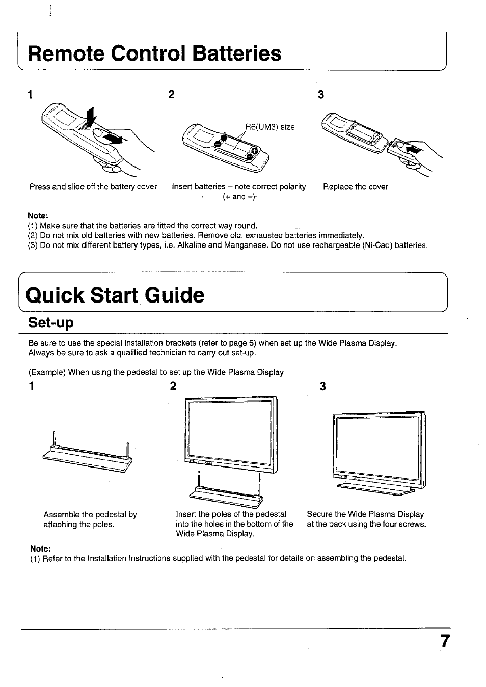 Remote control batteries, Note, Set-up | Panasonic TC 42P1F User Manual | Page 7 / 32