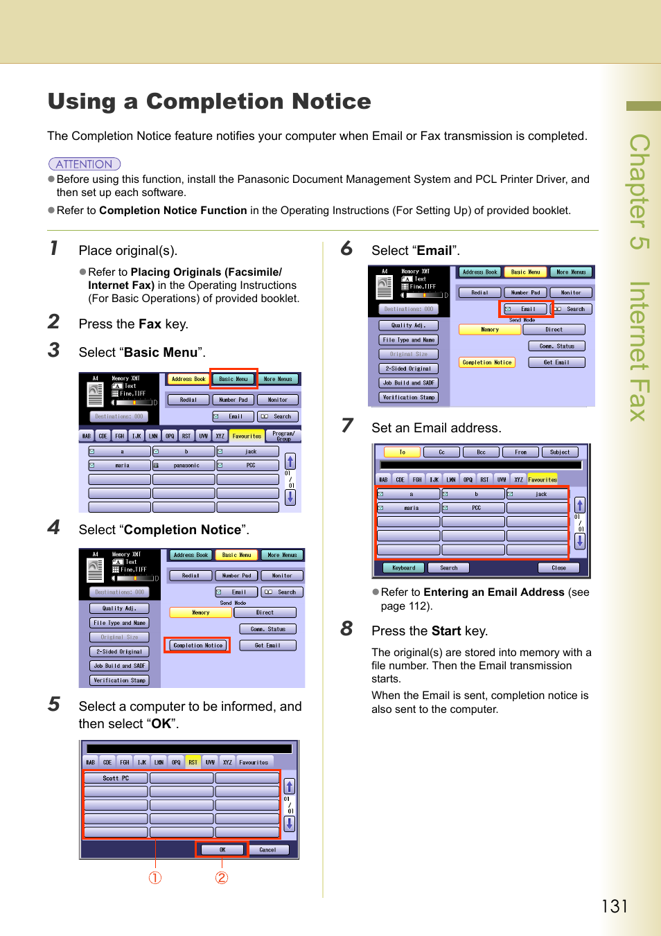 Using a completion notice, Chapter 5 internet fax | Panasonic Laser Fax UF-6000 User Manual | Page 131 / 224