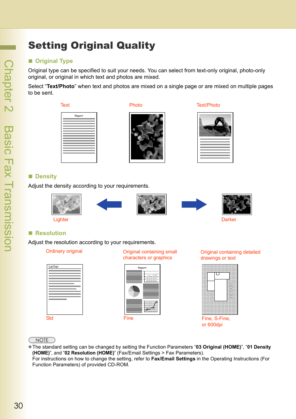 Setting original quality, Chapter 2 basic fax transmission | Panasonic Laser Fax UF-6000 User Manual | Page 30 / 224