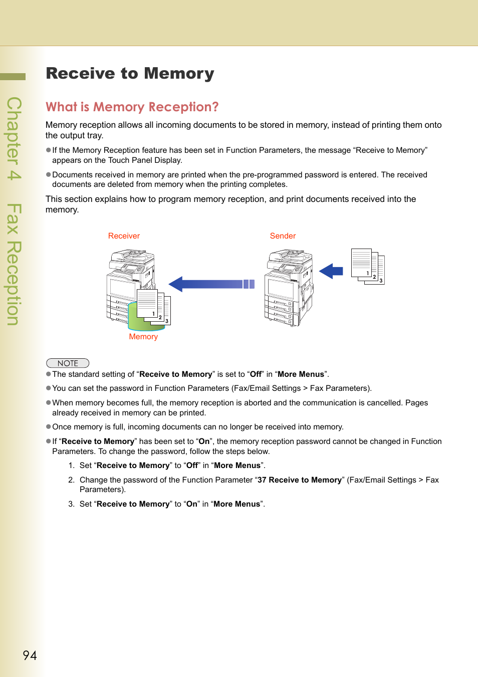 Receive to memory, What is memory reception, Chapter 4 fax reception | Panasonic Laser Fax UF-6000 User Manual | Page 94 / 224