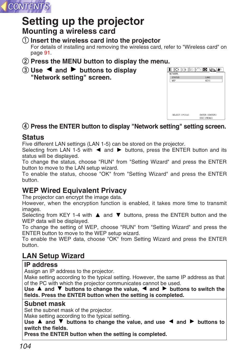 Setting up the projector, Mounting a wireless card, Status | Wep wired equivalent privacy, Lan setup wizard | Panasonic TQBH9003-6 User Manual | Page 104 / 146