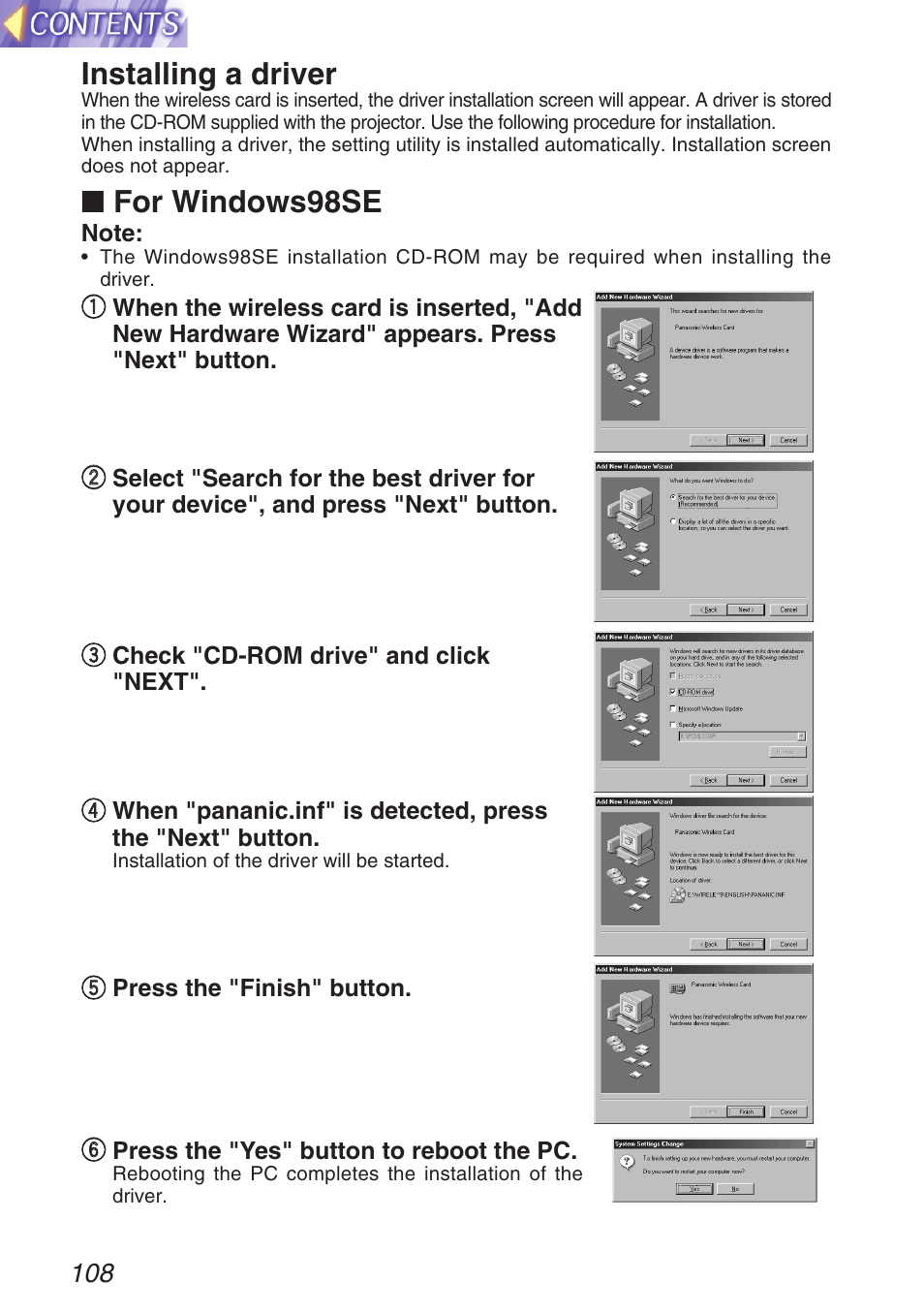 Installing a driver, For windows98se | Panasonic TQBH9003-6 User Manual | Page 108 / 146