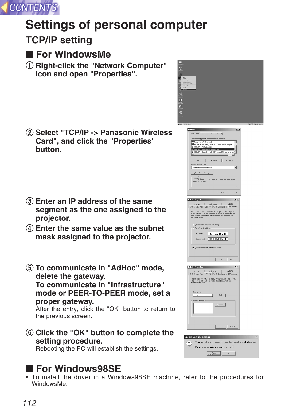 Settings of personal computer, Tcp/ip setting ■ for windowsme, For windows98se | Panasonic TQBH9003-6 User Manual | Page 112 / 146