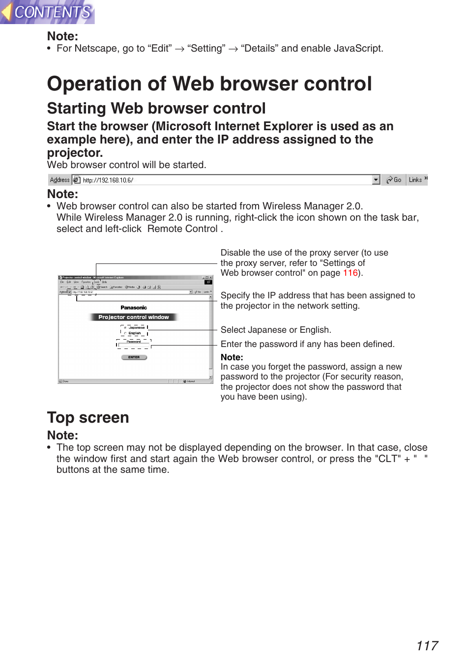 Operation of web browser, Operation of web browser control, Starting web browser control | Top screen | Panasonic TQBH9003-6 User Manual | Page 117 / 146