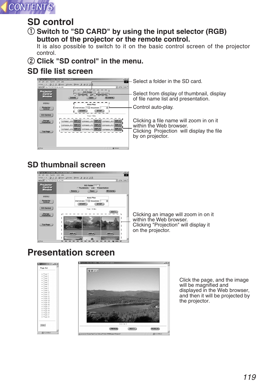 Sd control, Presentation screen, Sd file list screen sd thumbnail screen | Panasonic TQBH9003-6 User Manual | Page 119 / 146