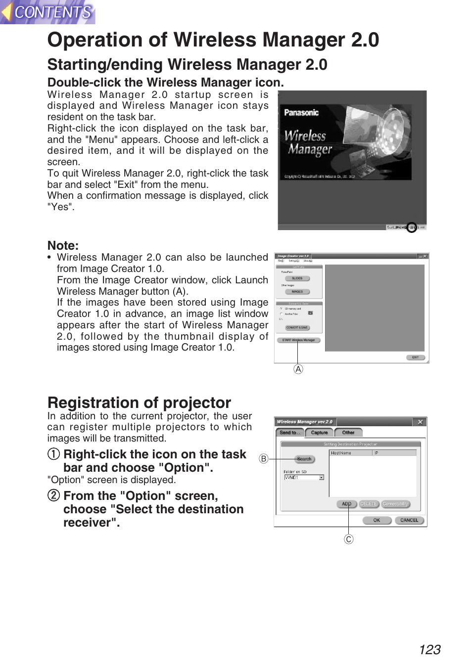 Operation of wireless manager 2.0, Starting/ending wireless manager 2.0, Registration of projector | Panasonic TQBH9003-6 User Manual | Page 123 / 146