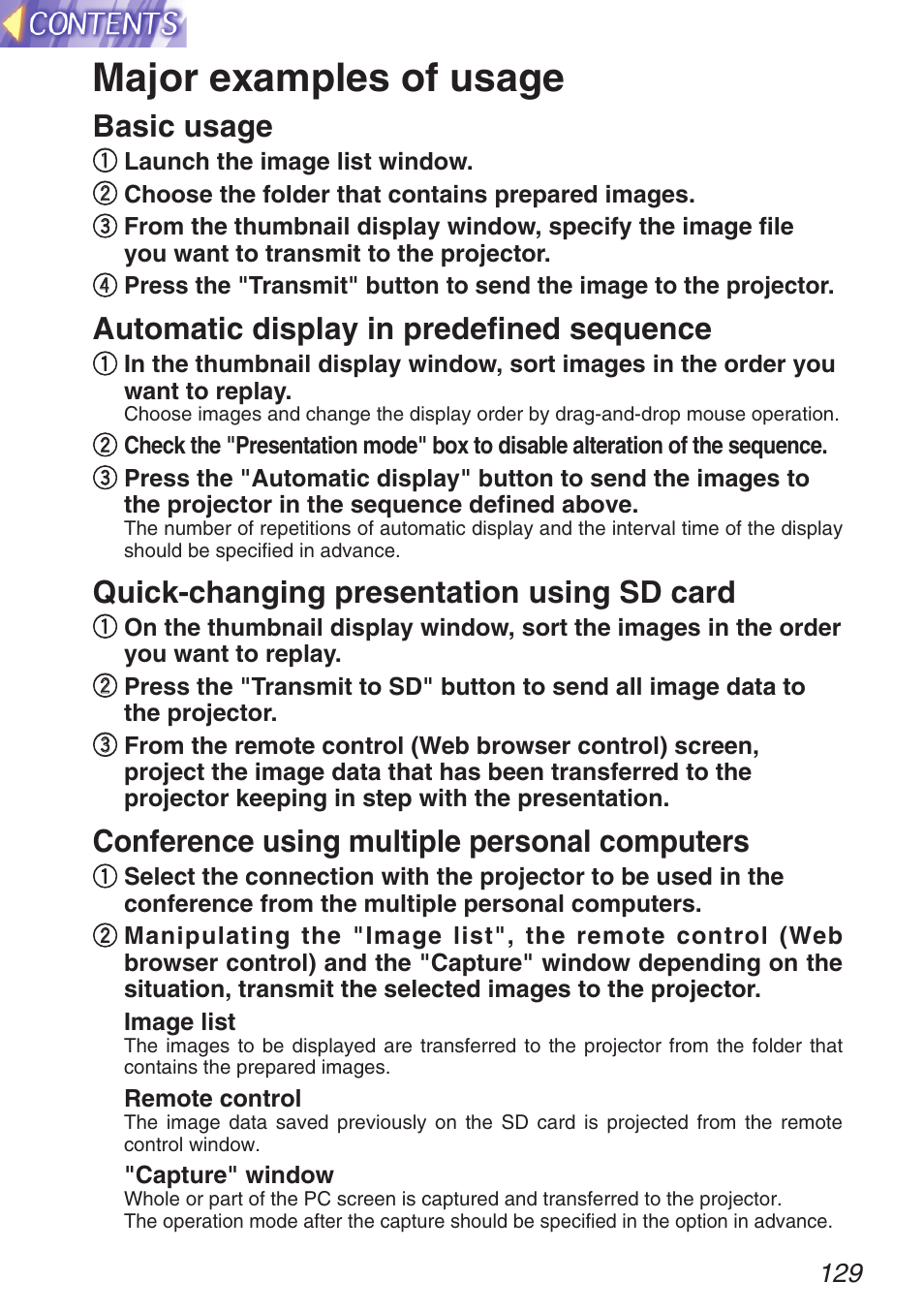 Major examples of usage, Basic usage, Automatic display in predefined sequence | Quick-changing presentation using sd card, Conference using multiple personal computers | Panasonic TQBH9003-6 User Manual | Page 129 / 146