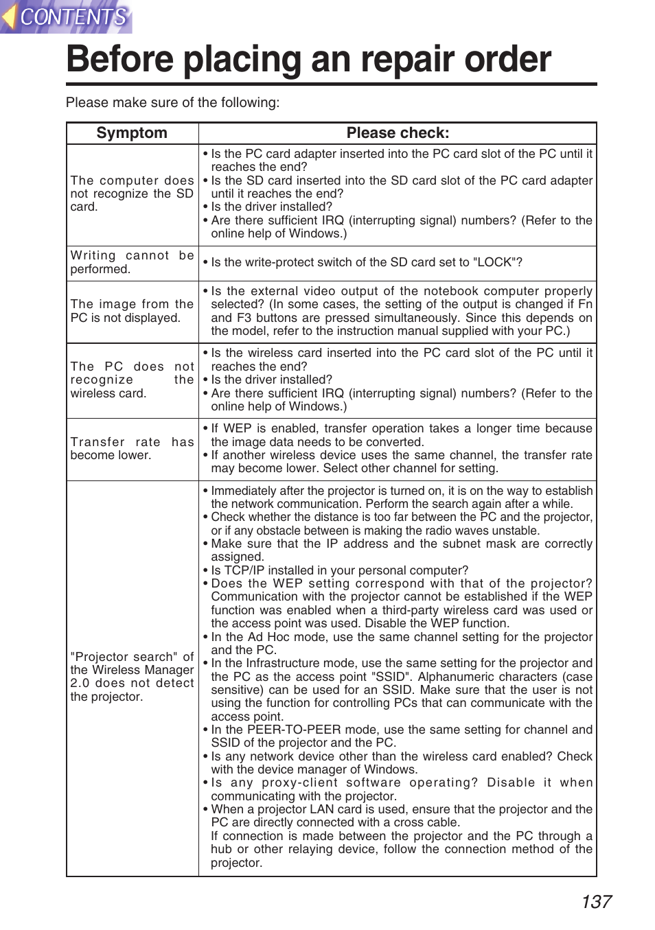 Before placing an repair order | Panasonic TQBH9003-6 User Manual | Page 137 / 146