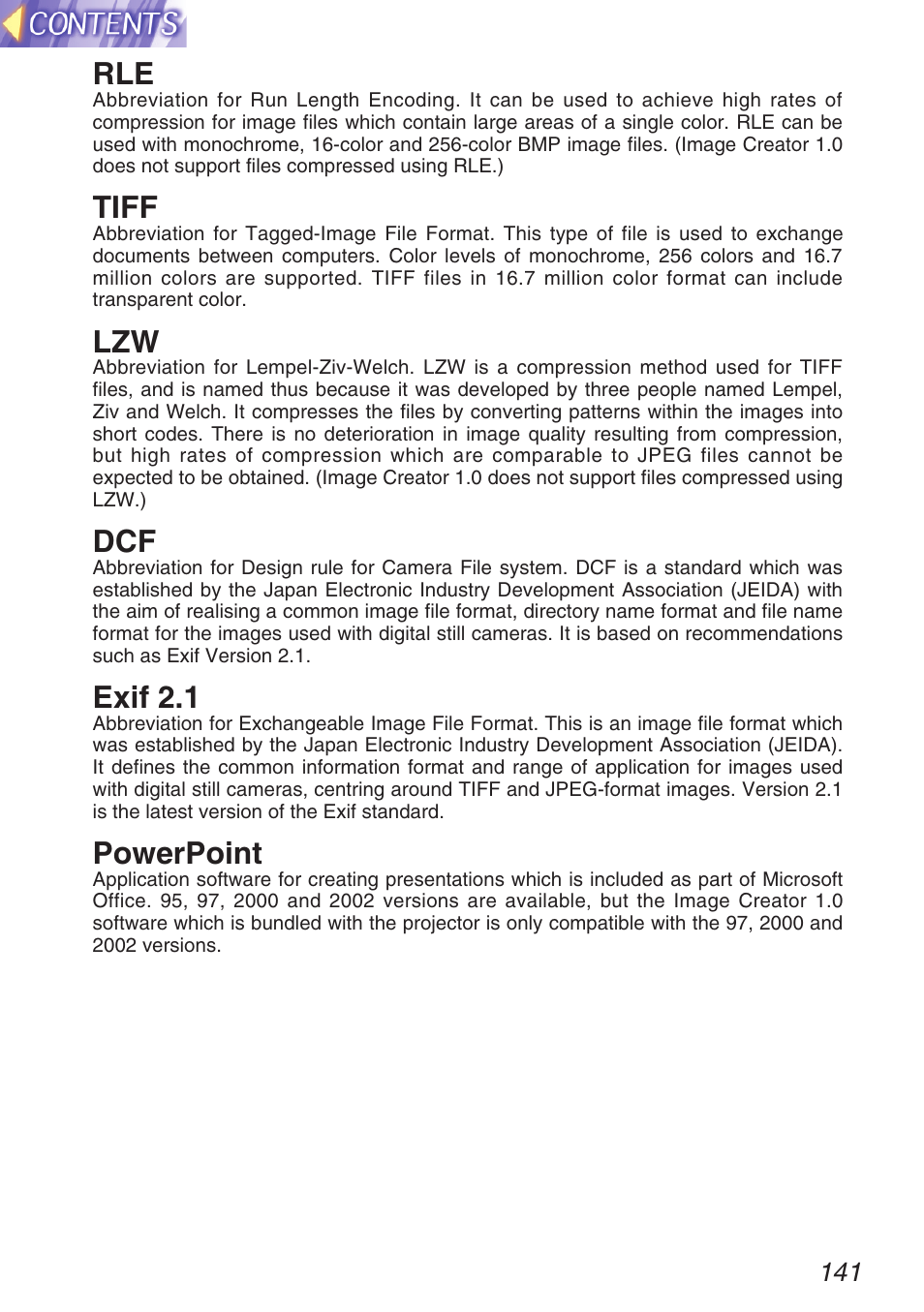 Tiff, Exif 2.1, Powerpoint | Panasonic TQBH9003-6 User Manual | Page 141 / 146