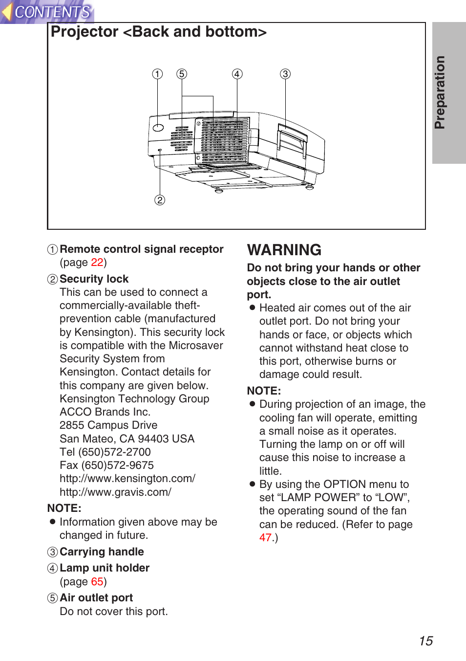 Warning, Projector <back and bottom, 15 preparation | Panasonic TQBH9003-6 User Manual | Page 15 / 146
