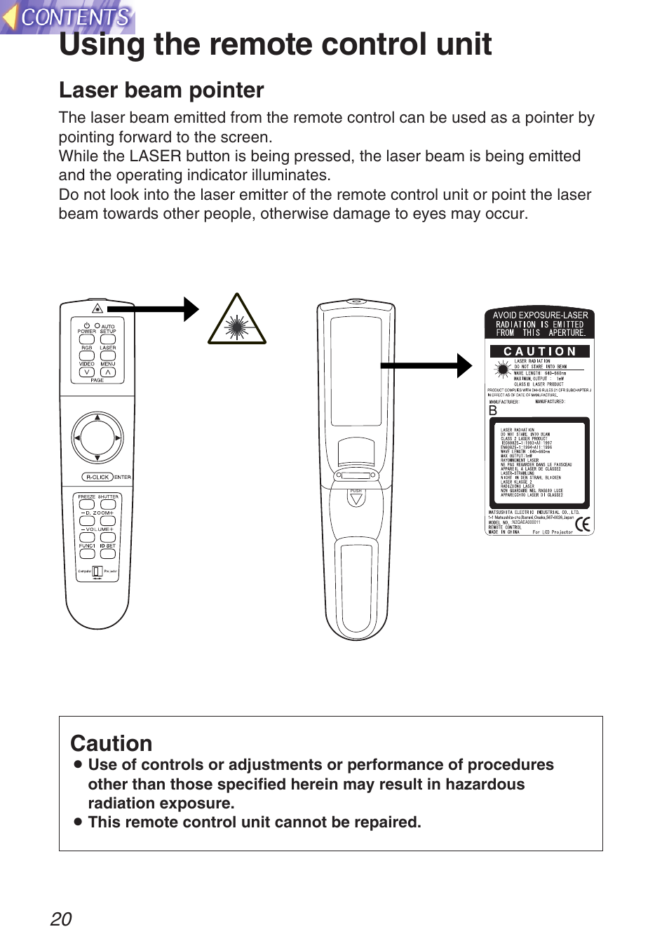 Using the remote control, Using the remote control unit, Laser beam pointer | Caution | Panasonic TQBH9003-6 User Manual | Page 20 / 146