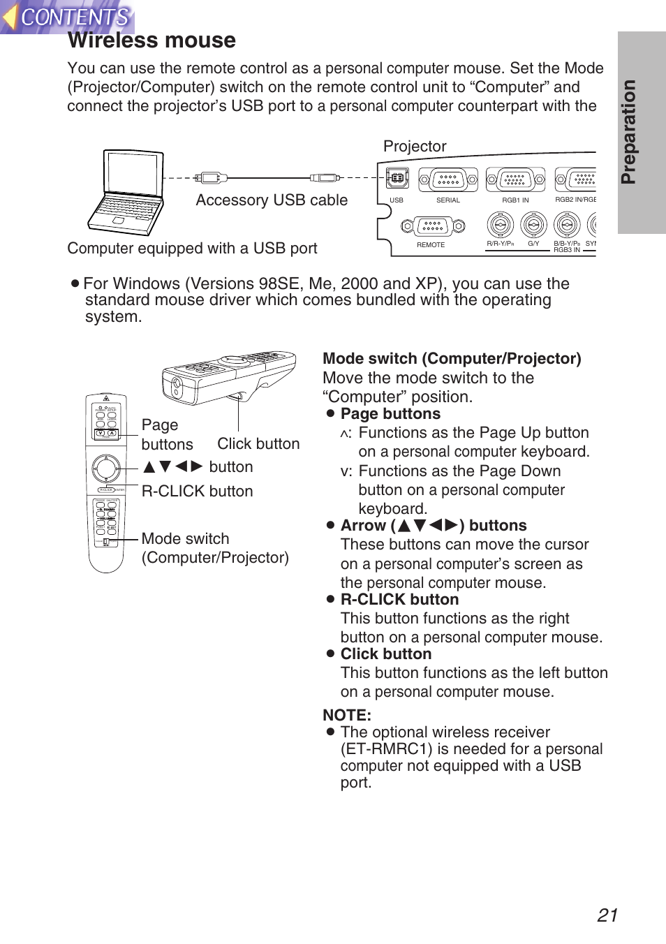 Wireless mouse, 21 preparation, Move the mode switch to the “computer” position | Panasonic TQBH9003-6 User Manual | Page 21 / 146
