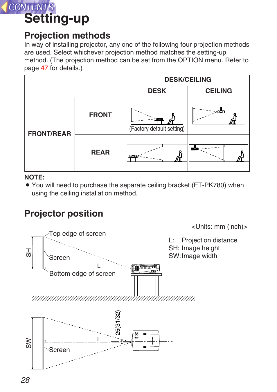 Setting-up, Projection methods, Projector position | Panasonic TQBH9003-6 User Manual | Page 28 / 146