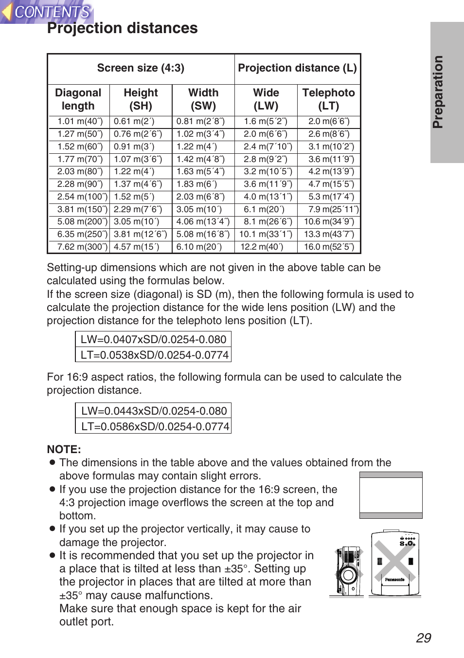 Projection distances, 29 preparation | Panasonic TQBH9003-6 User Manual | Page 29 / 146