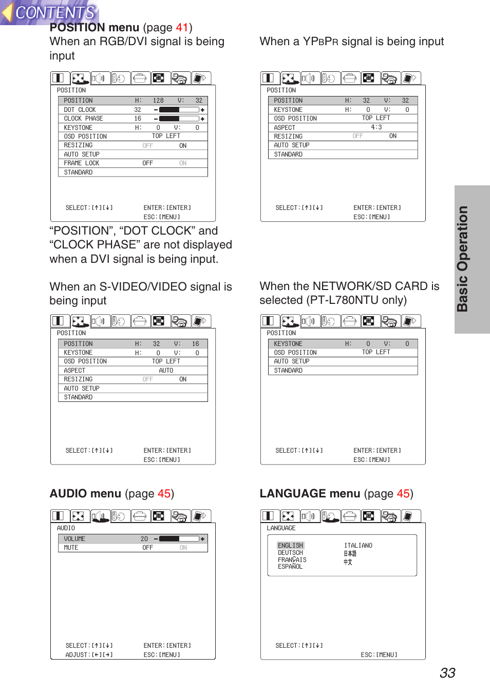 33 basic o peration, When a yp, Signal is being input | Audio menu (page 45 ), Language menu (page 45 ) | Panasonic TQBH9003-6 User Manual | Page 33 / 146