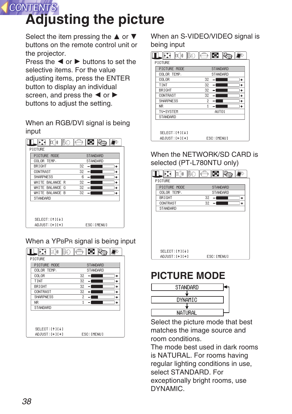 Adjusting the picture, Picture mode, Standard dynamic natural | When an rgb/dvi signal is being input, When a yp, Signal is being input, When an s-video/video signal is being input | Panasonic TQBH9003-6 User Manual | Page 38 / 146