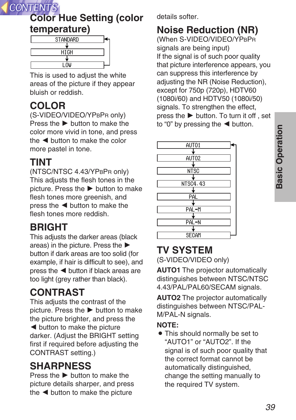 Color hue setting (color temperature), Color, Tint | Bright, Contrast, Sharpness, Noise reduction (nr), Tv system | Panasonic TQBH9003-6 User Manual | Page 39 / 146