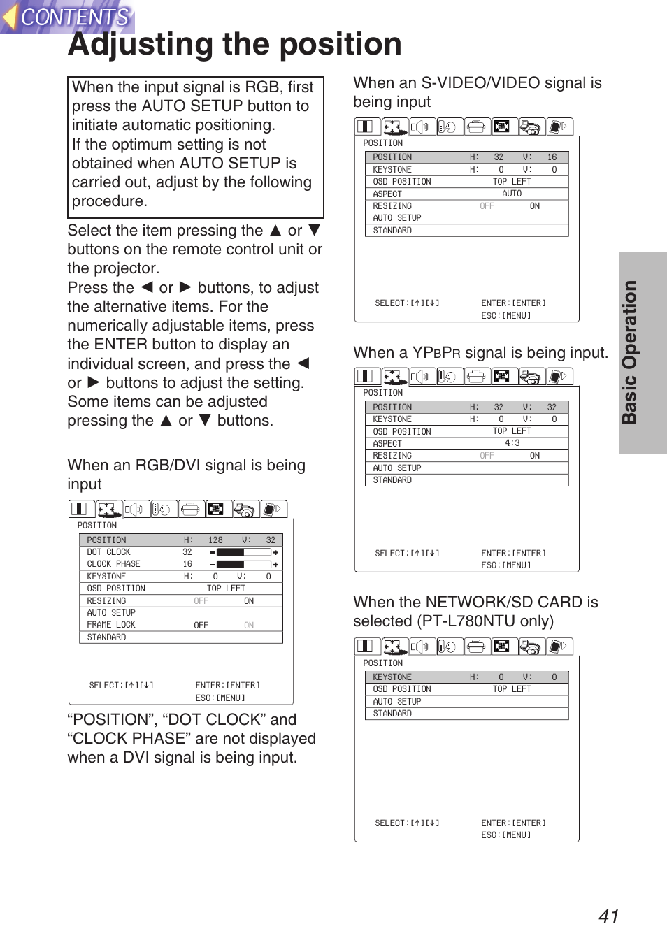 Adjusting the position, 41 basic o peration, When an s-video/video signal is being input | When a yp, Signal is being input | Panasonic TQBH9003-6 User Manual | Page 41 / 146