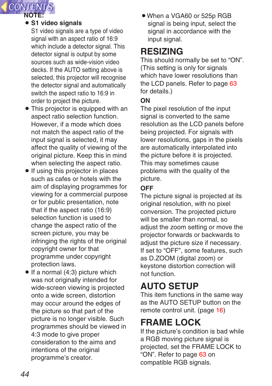 Resizing, Auto setup, Frame lock | Panasonic TQBH9003-6 User Manual | Page 44 / 146