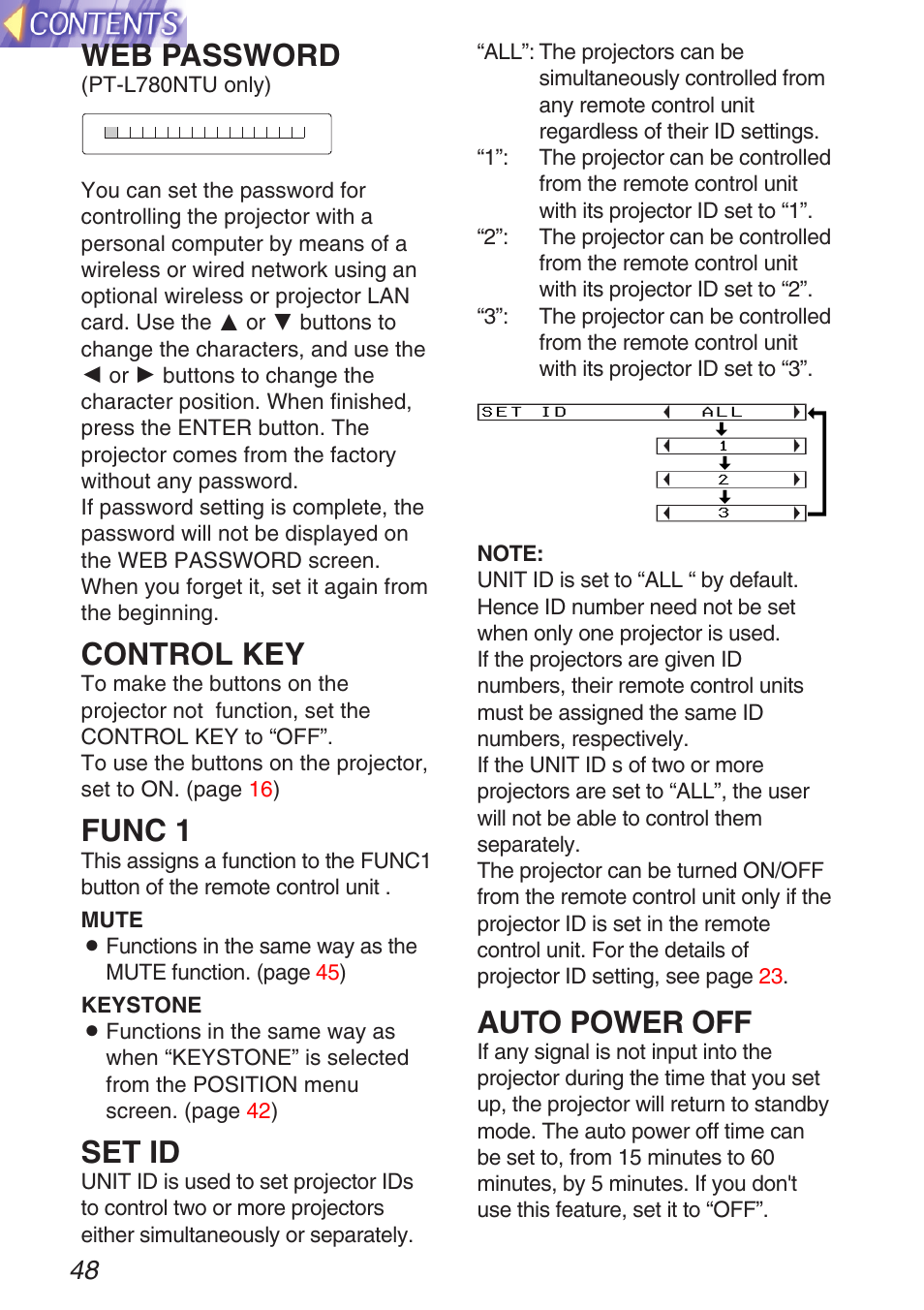 Web password, Control key, Func 1 | Set id, Auto power off | Panasonic TQBH9003-6 User Manual | Page 48 / 146