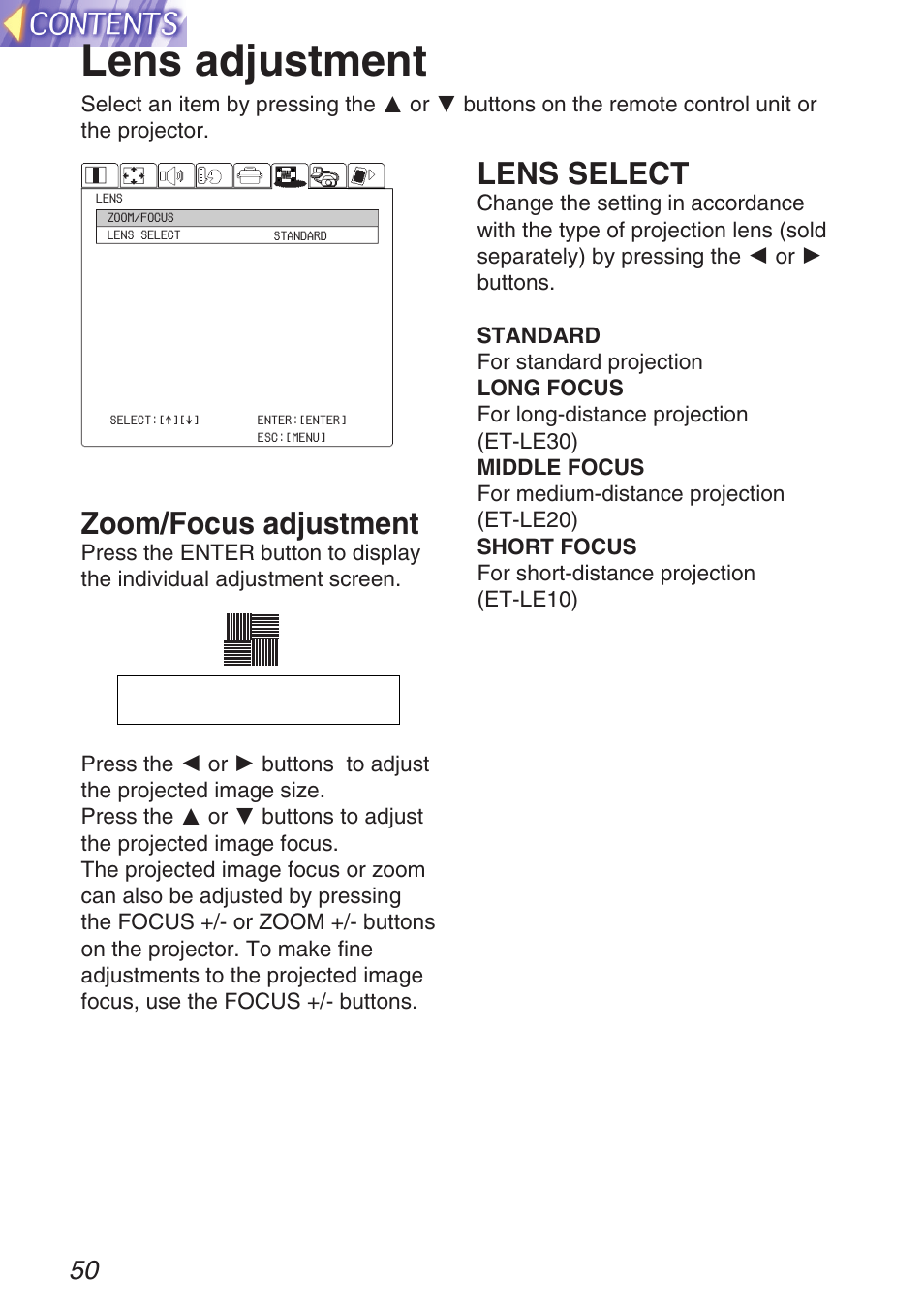 Lens adjustment, Zoom/focus adjustment, Lens select | Panasonic TQBH9003-6 User Manual | Page 50 / 146